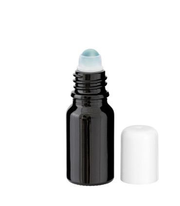 Glasflasche 10 ml schwarz Roll-On mit weißem Schraubverschluss