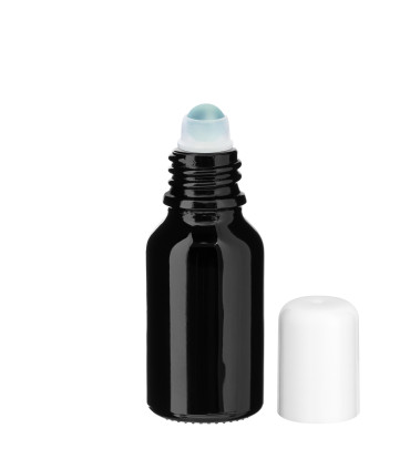 Glasflasche 15 ml schwarz Roll-On mit weißem Schraubverschluss