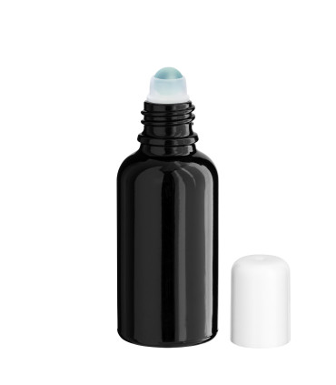 Glasflasche 30 ml schwarz Roll-On mit weißem Schraubverschluss