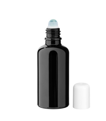 Glasflasche 50 ml schwarz Roll-On mit weißem Schraubverschluss