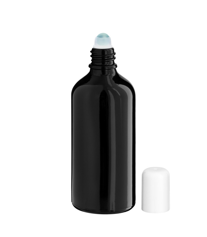 Glasflasche 100 ml schwarz Roll-On mit weißem Schraubverschluss