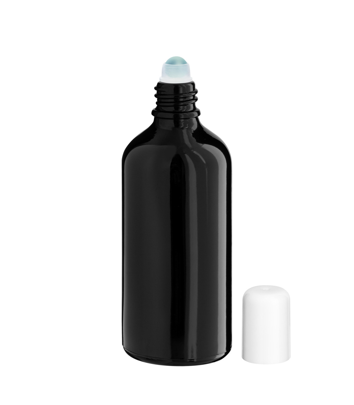 Glasflasche 100 ml schwarz Roll-On mit weißem Schraubverschluss