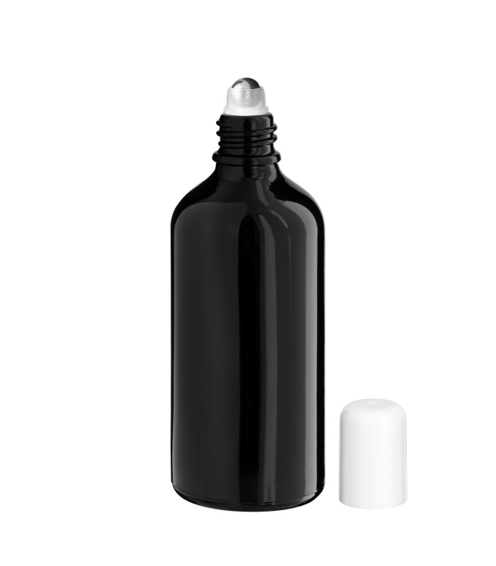 Glasflasche 100 ml schwarz Roll-On mit weißem Schraubverschluss [2]