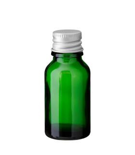 Grüne Glasflasche 15 ml mit silbernem Aluminium Schraubverschluss