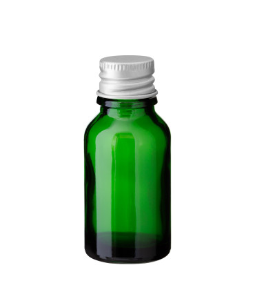 Glasflasche 15 ml grün mit silbernem Aluminium-Schraubverschluss
