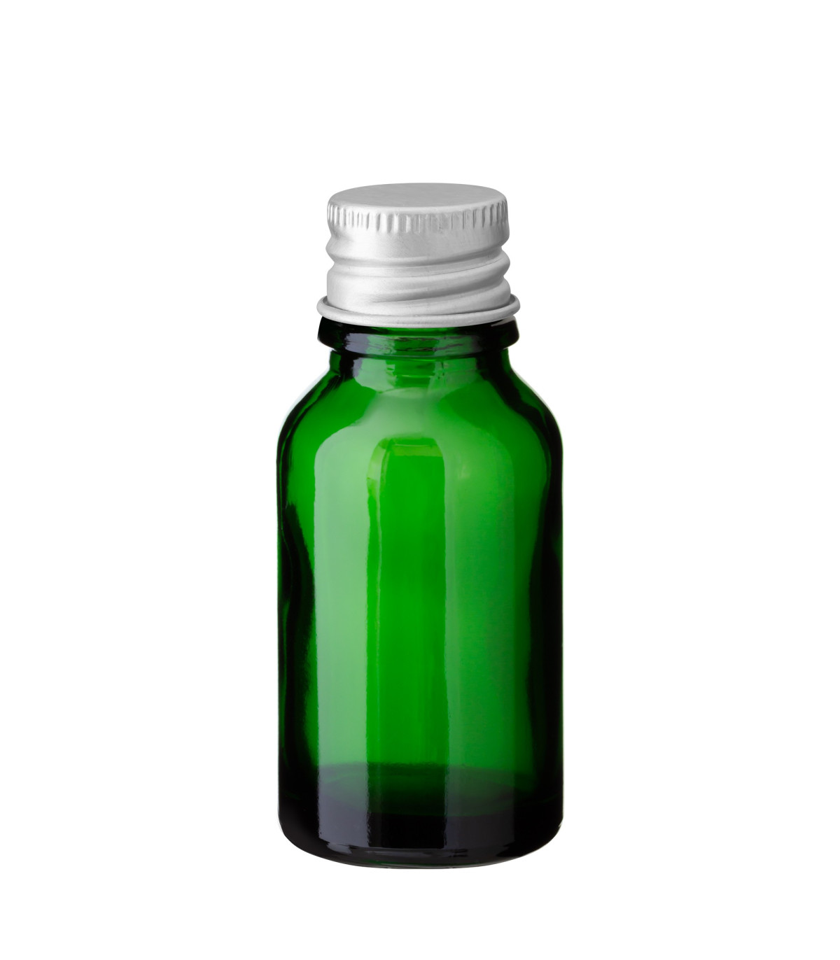 Glasflasche 15 ml grün mit silbernem Aluminium-Schraubverschluss