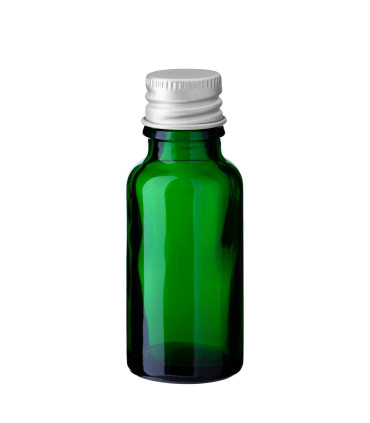 Glasflasche 20 ml grün mit silbernem Aluminium-Schraubverschluss