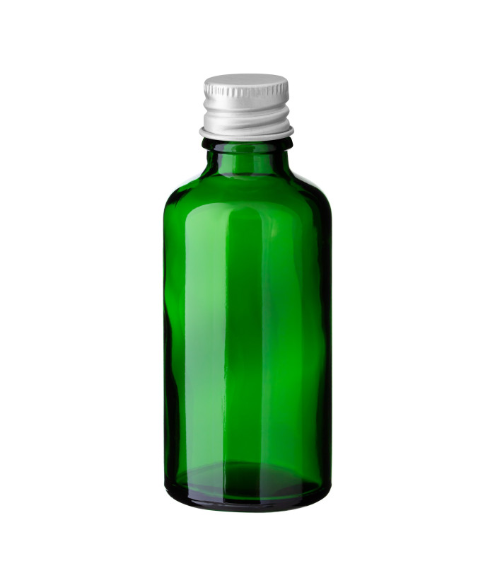 Glasflasche 50 ml grün mit silbernem Aluminium-Schraubverschluss