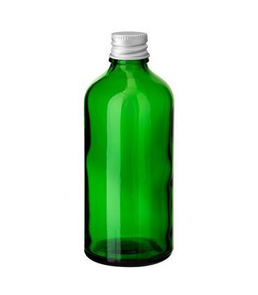 Grüne Glasflasche 100 ml mit silbernem Aluminium Schraubverschluss