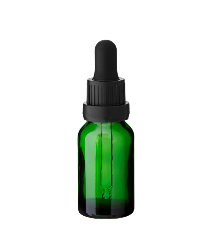 Glasflasche 15 ml grün mit schwarzer Pipette