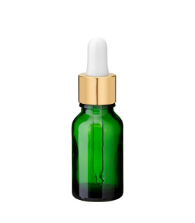 Grüne Glasflasche 15 ml mit goldener Pipette