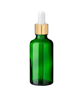 Grüne Glasflasche 50 ml mit goldener Pipette