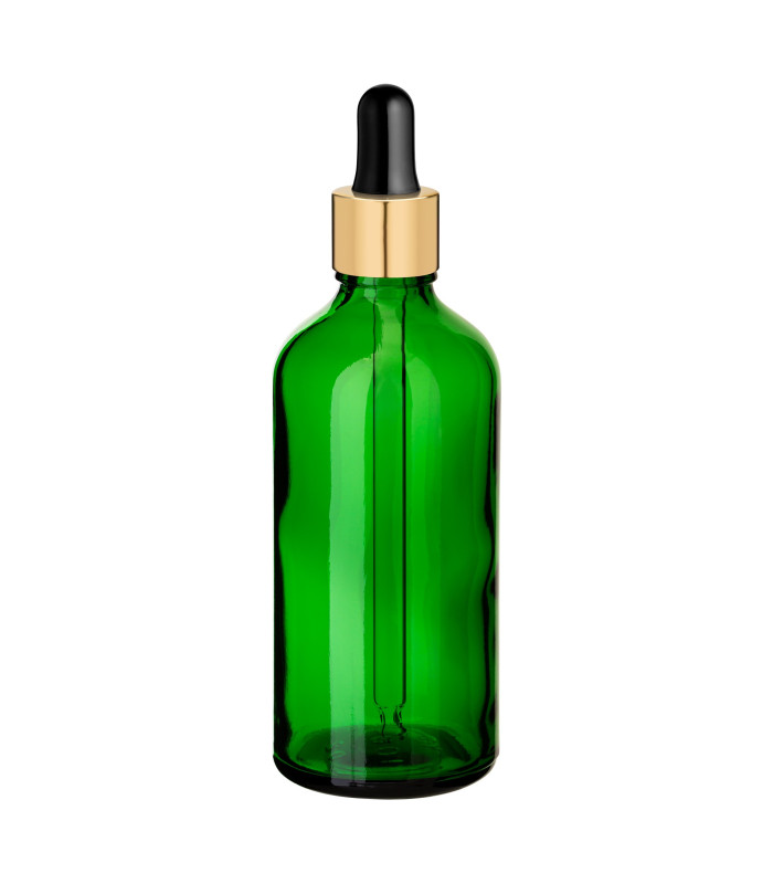 Glasflasche 100 ml grün mit goldener Pipette [2]