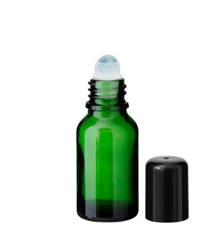 Glasflasche 15 ml grün Roll-on mit schwarzem Schraubverschluss