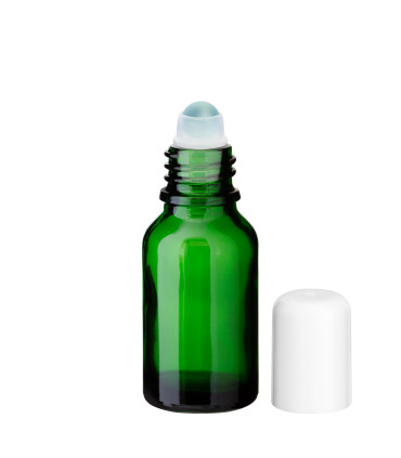 Grüne Glasflasche 15 ml Roll-on mit weißem Schraubverschluss