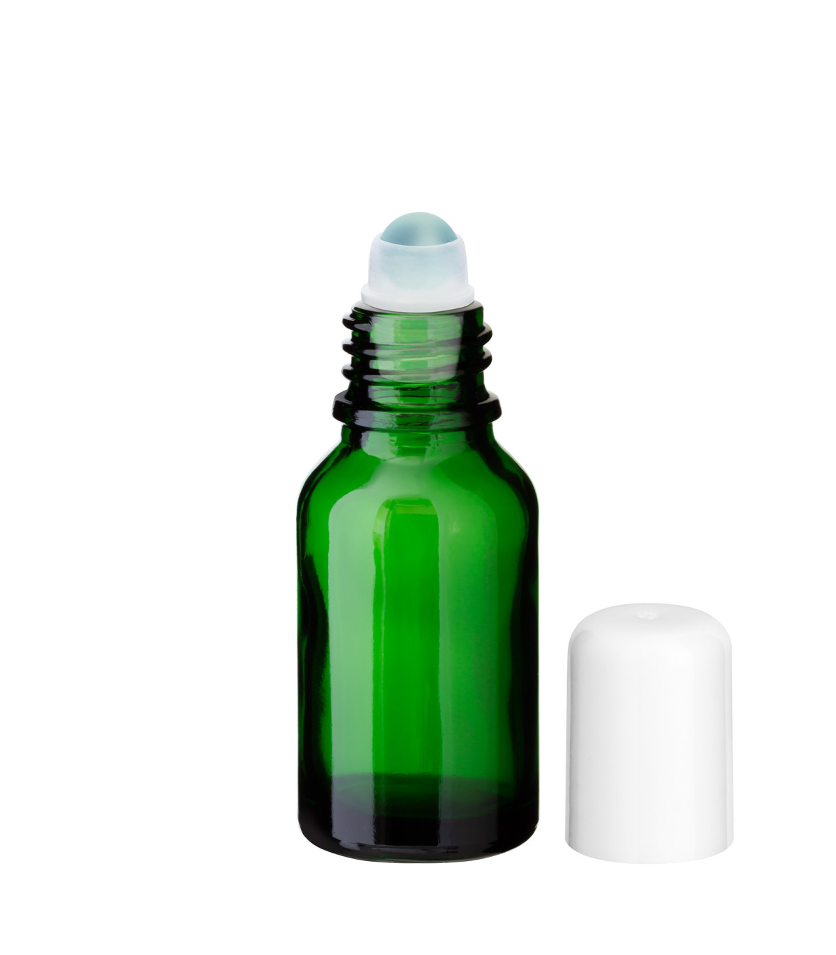 Grüne Glasflasche 15 ml Roll-on mit weißem Schraubverschluss