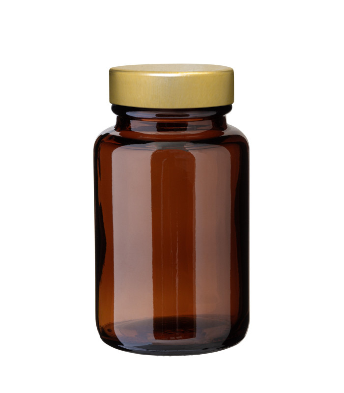 Weithalsglas braun 100 ml mit goldenem Unishell-Deckel