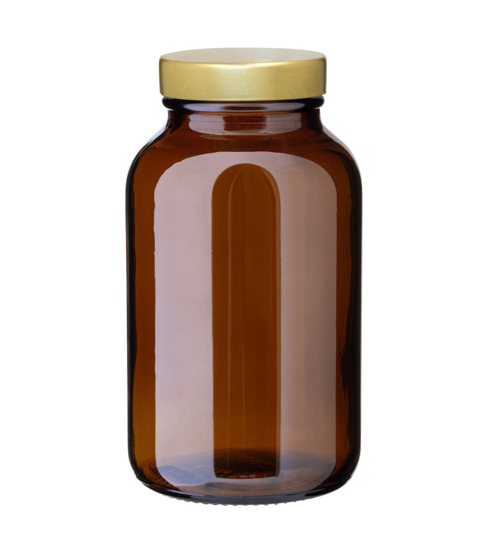 Weithalsglas braun 250 ml mit goldenem Unishell-Deckel