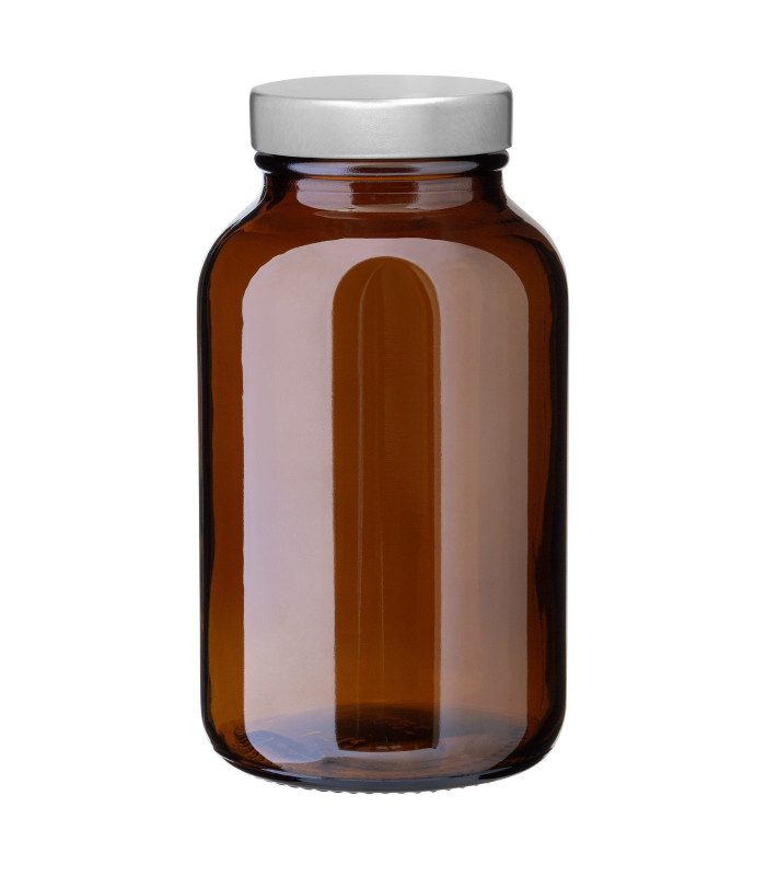 Weithalsglas 250 ml braun mit silbernem Unishell-Deckel