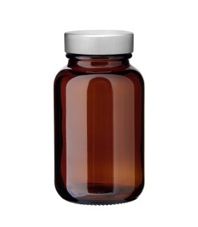 Weithalsglas braun 120 ml mit silbernem Unishell-Deckel