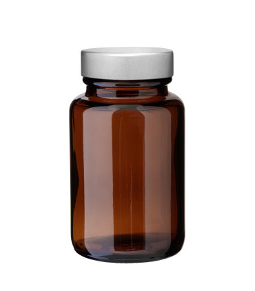 Weithalsglas braun 100 ml mit silbernem Unishell-Deckel