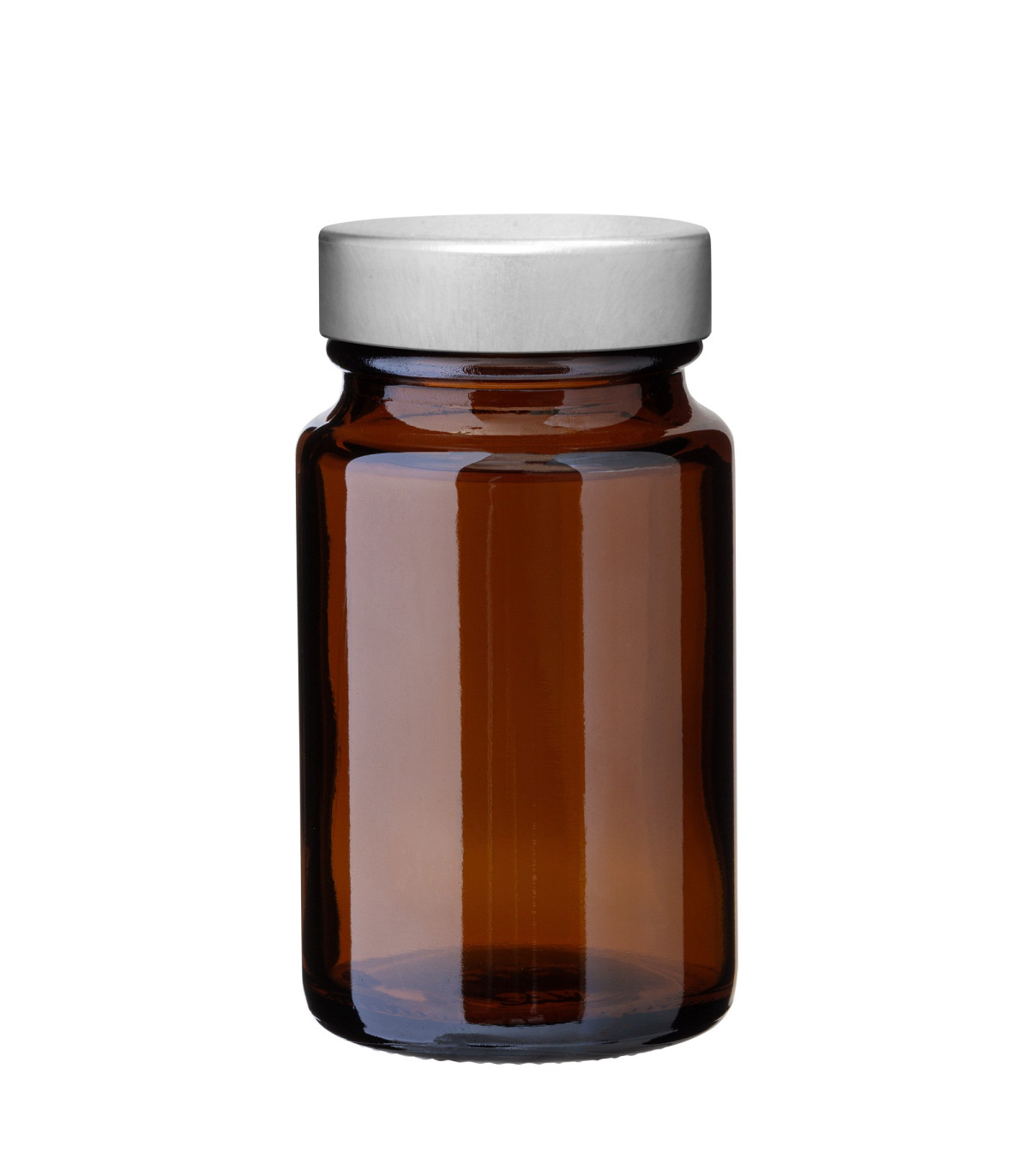 Weithalsglas 75 ml braun mit silbernem Unishell-Deckel