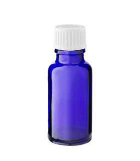 Blaue Glasflasche 20 ml mit weißem Schraubverschluss