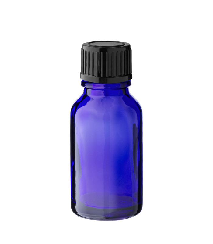 Glasflasche 15 ml blau mit schwarzem Schraubverschluss