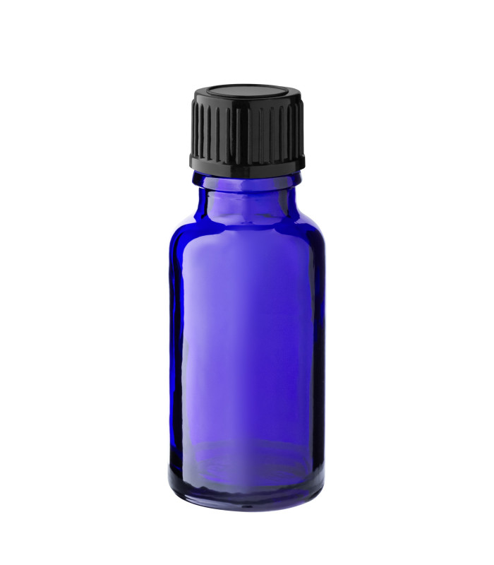 Glasflasche 20 ml blau mit schwarzem Schraubverschluss