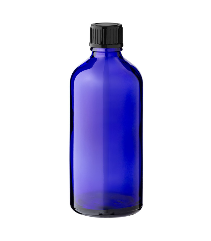 Glasflasche 100 ml blau mit schwarzem Schraubverschluss
