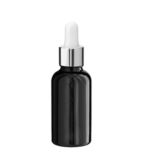 Schwarze Glasflasche 30 ml mit silberner Pipette