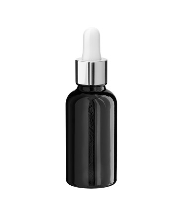 Glasflasche 30 ml schwarz mit silberner Pipette