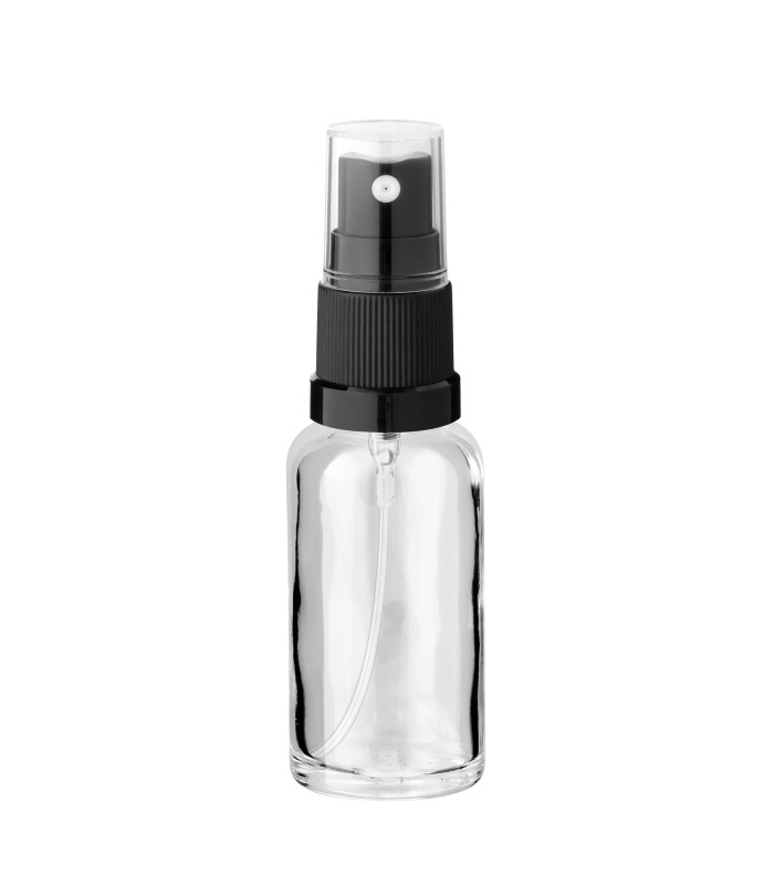 Klarglasflasche 30 ml mit schwarzem Zerstäuber und Schutzkappe