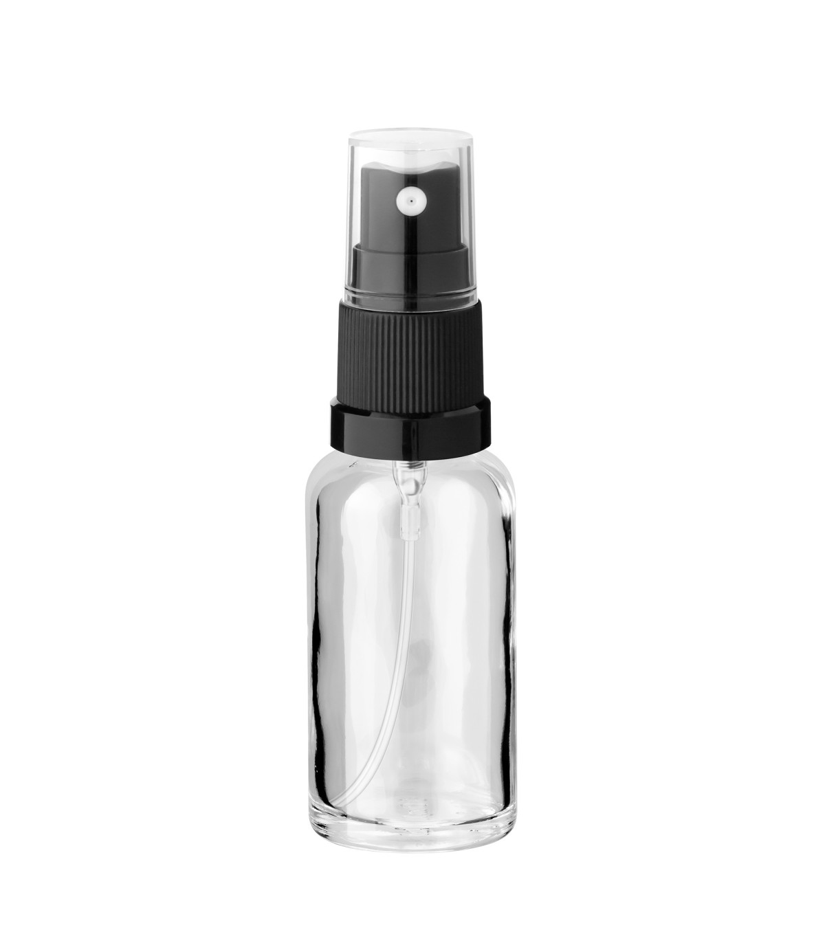 Klarglasflasche 30 ml mit schwarzem Zerstäuber und Schutzkappe
