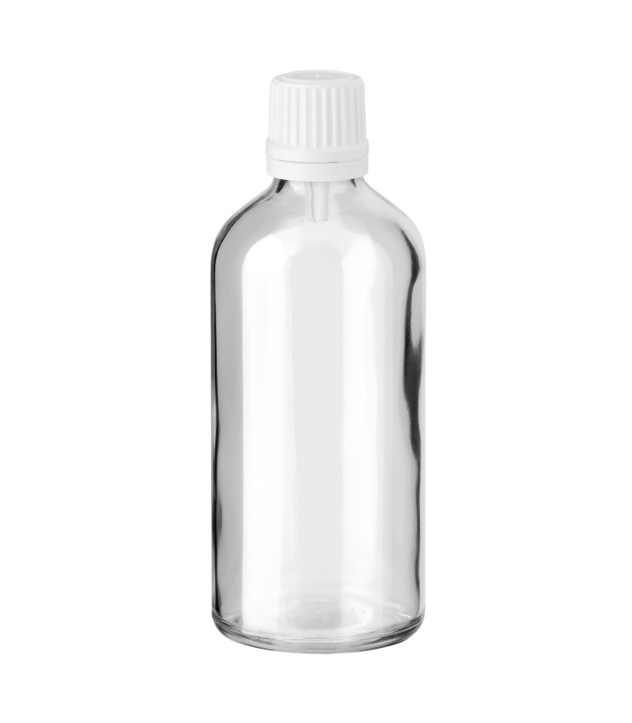 Glasflasche 100 ml klar mit weißem Tropfer