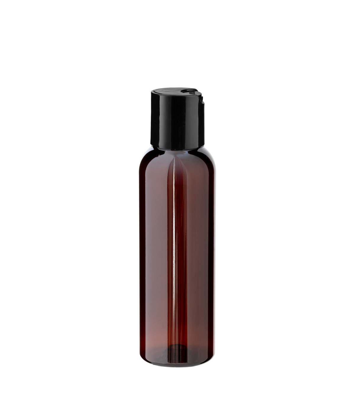 PET-Flasche 100 ml braun mit schwarzem Disc-Top-Verschluss