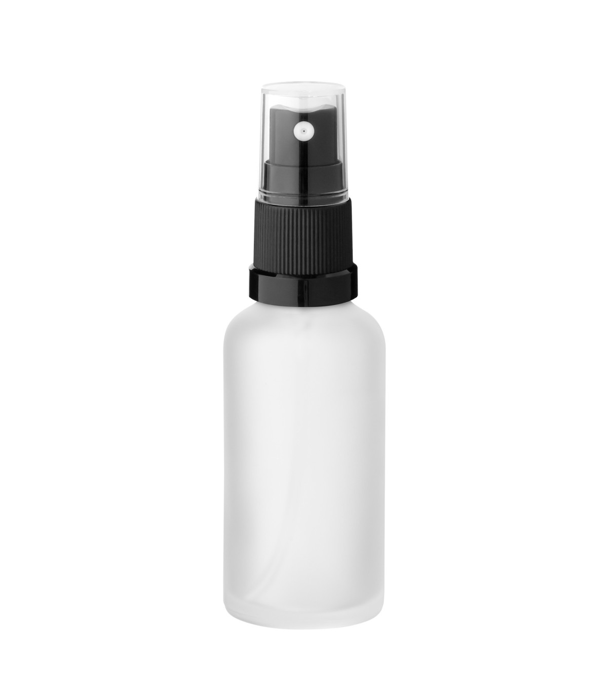 Glasflasche 50 ml klar matt mit schwarzem Zerstäuber - Leer 18 mm