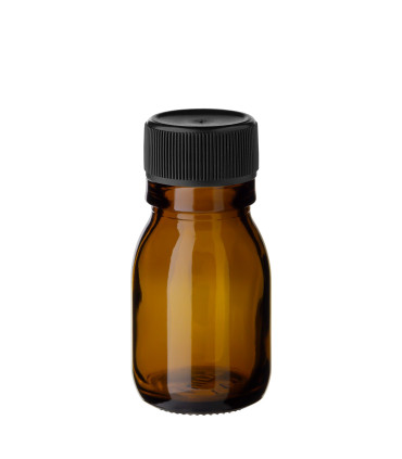 Glasflasche 30 ml braun mit schwarzem Kunststoff-Schraubverschluss