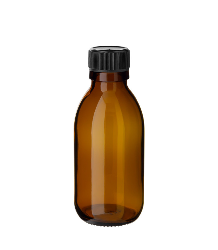 Sirupflasche 125 ml braun mit schwarzem Kunststoff-Schraubverschluss