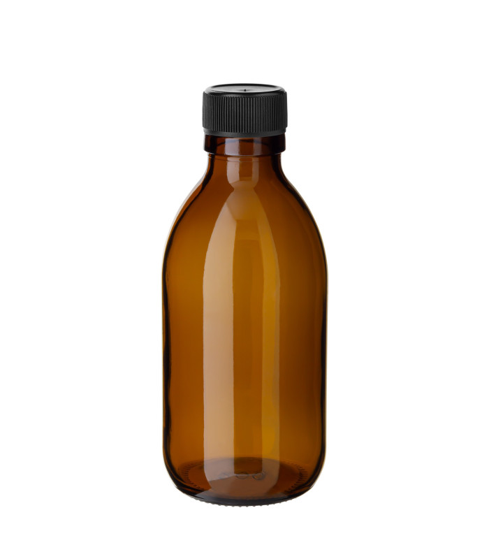 Braune Sirupflasche 200 ml Glas mit schwarzem Schraubverschluss - Set