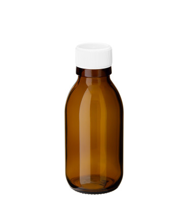 Sirupflasche 100 ml braun PP28 mit weißem Kunststoff-Schraubverschluss