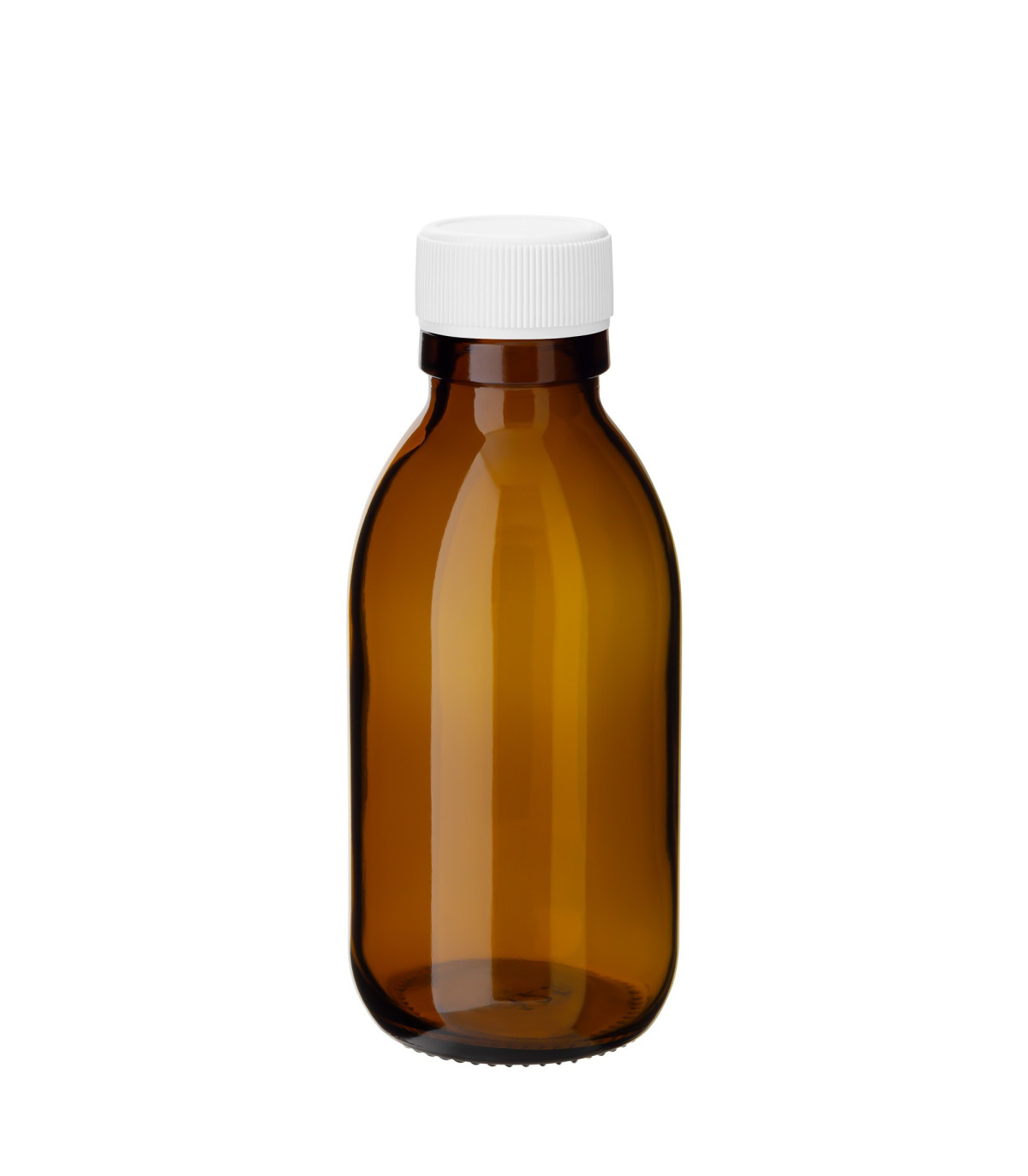 Sirupflasche 125 ml braun PP28 mit weißem Kunststoff-Schraubverschluss