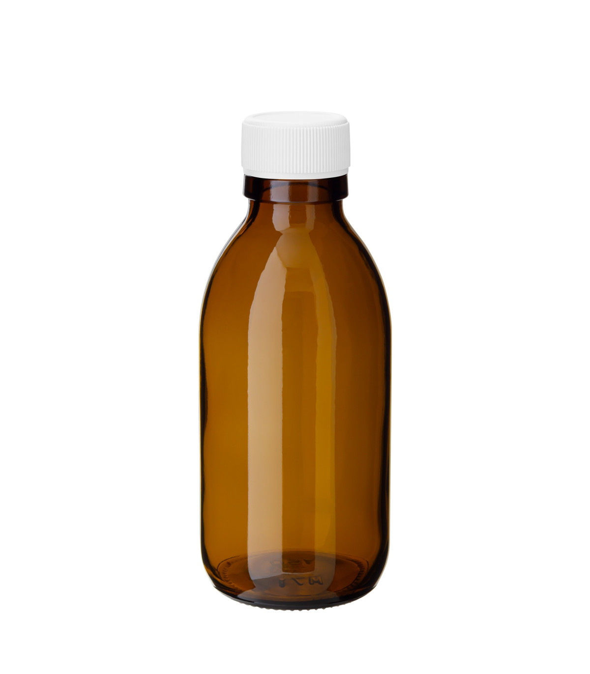 Leere Glasflasche 150 ml braun PP28 Sirup mit weißem Schraubverschluss