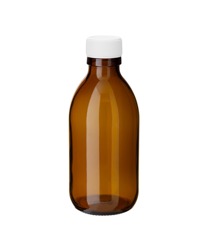 Braunglasflasche 200 ml PP28 Sirupflasche mit weißem Schraubverschluss