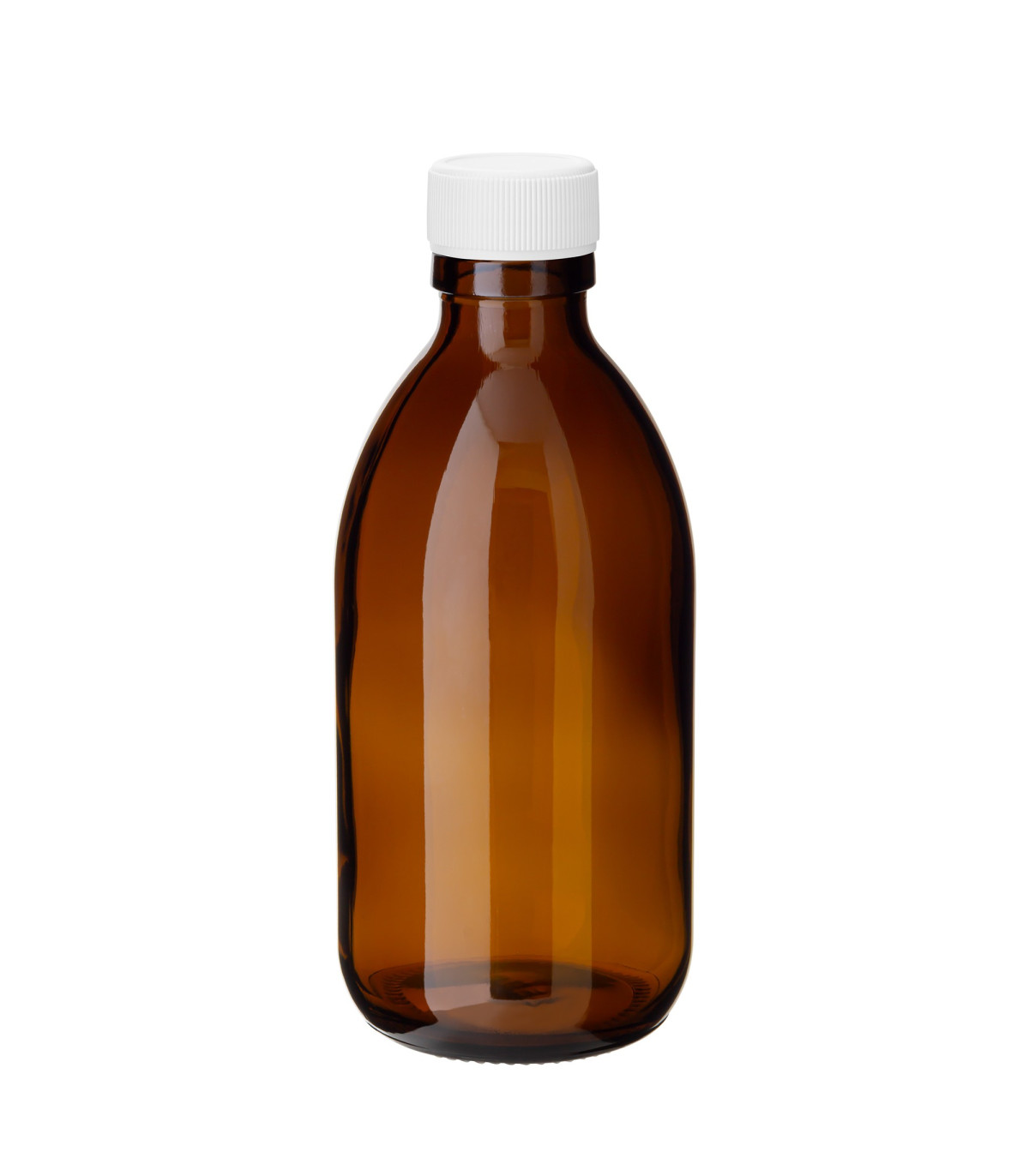 Braune Glasflasche 250 ml PP28 Sirup mit weißem Schraubverschluss