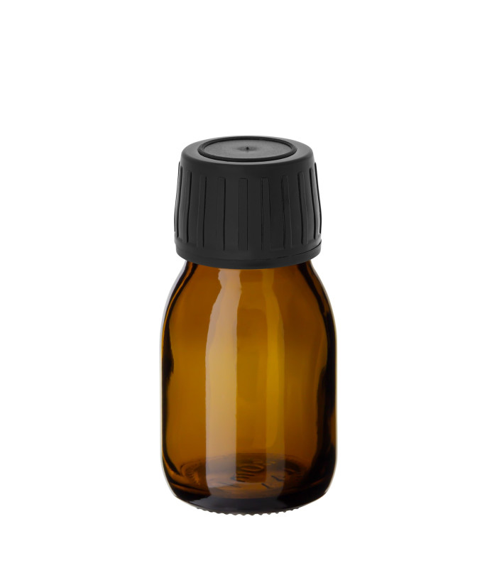 Braune Glasflasche 30 ml PP28 Sirup mit schwarzem Schraubverschluss