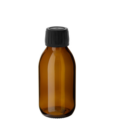 Glasflasche 100 ml braun PP28 Sirup mit schwarzem Schraubverschluss
