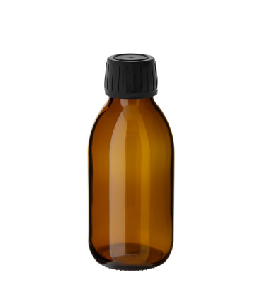 Glasflasche 125 ml braun 28 mm Sirupflasche mit schwarzem Verschluss