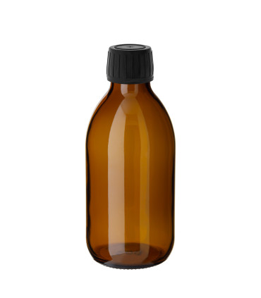 Glasflasche 200 ml braun PP28 Sirup mit schwarzem Schraubverschluss