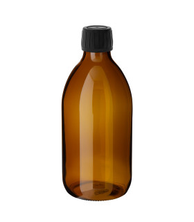 Braunglasflasche 300 ml PP28 Sirup mit schwarzem Schraubverschluss